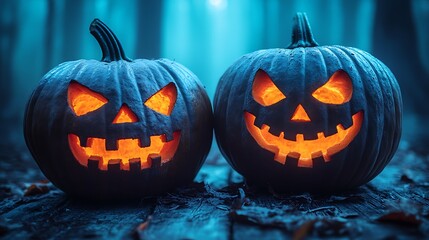 Naklejka premium Two spooky carved pumpkins glowing in a dark forest.