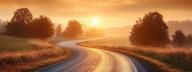 Fototapeta premium Serene Country Road Sunrise Mist Trees Landscape Panoramic Nature Journey Transport Scenery