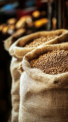 Obraz premium Burlap sacks filled with coffee beans at a traditional market