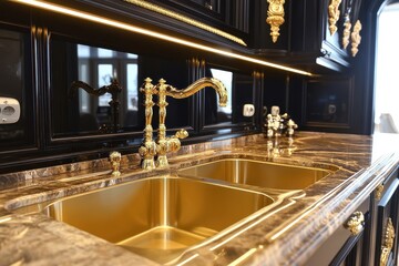 Stunning marble countertop paired with a gold faucet creates an eye-catching luxury kitchen sink design