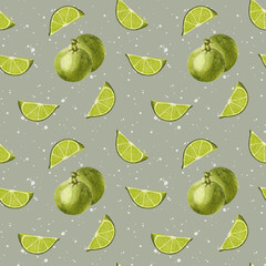 Watercolor pattern with lime. Seamless pattern with green citrus lime. Slice of lime, round citrus lime. Design for food packaging, menu design and stationery. Design on a background of dots.
