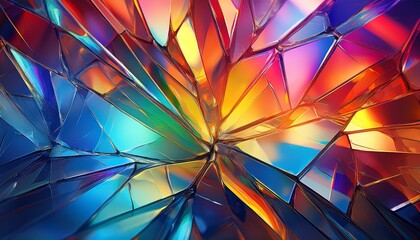 Close-up of shattered glass reflecting rainbow light refractions, creating a futuristic and abstract visual effect