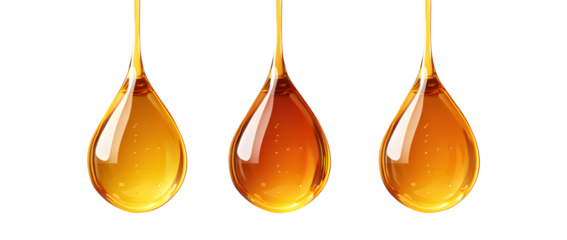 Three golden honey drops glistening, showcasing different shades of amber. PNG, Cutout, or clipping path.