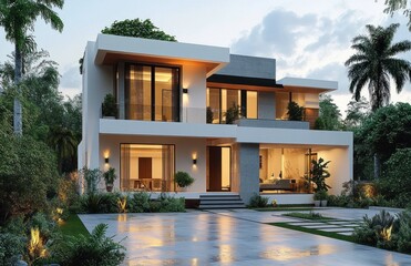 Fototapeta premium Modern Minimalist House Contemporary Architecture Luxury Home Surrounded by Lush Greenery with Soft Evening Light