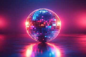 Obraz premium Retro Disco Ball with Colorful Reflections and Bright Rays in Dimly Lit Nightclub Party