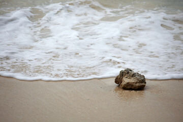 Rock on Sandy Beach with Gentle Ocean Waves Lapping at Shoreline