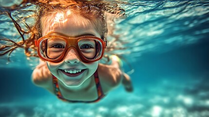 Naklejka premium Underwater girl smiles happily.