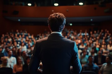Back view of man in business suit delivering a powerful speech to an engaged audience