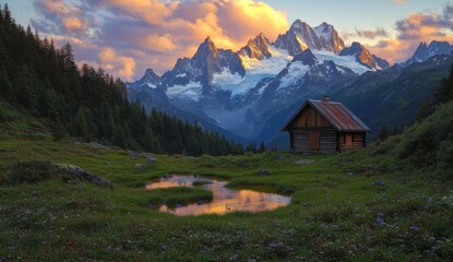 A small cabin in the middle of an alpine meadow with green grass and water puddles, against the backdrop of snow-capped mountains at sunset.