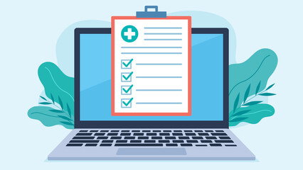 Medical checklist with test results. All results came out fine. Results appear on laptop screen. Flat design illustartion.