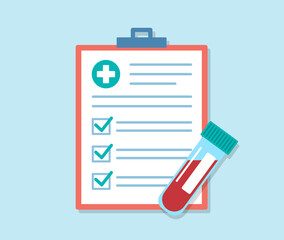 Medical checklist with test results and patient medical information. Health condition. Blood test result. Flat design illustration.