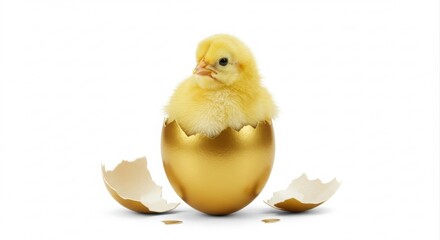Cute chick emerging from golden egg.