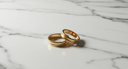 Elegant gold wedding rings on marble.