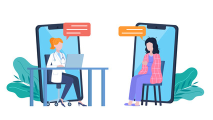 Teleconsultation with a doctor. The doctor and patient are on the phone screen. There are speech bubbles next to the characters. 