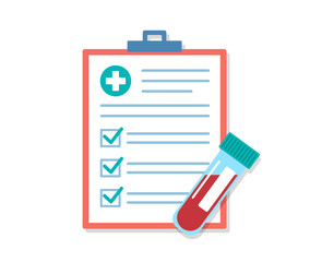 Medical questionnaire with blood test results. There is an ampoule of blood next to the checklist. Flat design illustration.