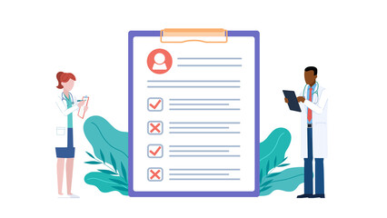 Doctors standing by medical checklist. Checklist for good and bad results. Doctors hold notebook and tablet in hands. Illustration in flat style.	