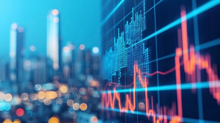 Financial Data Visualization Over Cityscape at Night with Graphs
