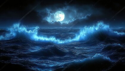 Dramatic Night Seascape with Bioluminescent Waves and Dual Moonlight Ocean View