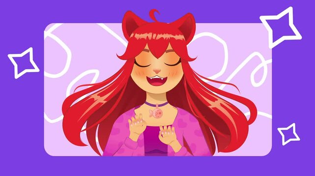 Cat girl jumping happily on purple background. Beautiful anime girl with cat ears. Cute anime woman animation. Character for advertising
