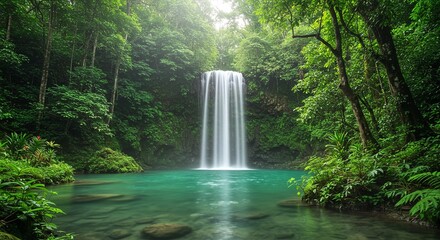 Serene Waterfall in Lush Tropical Rainforest Tranquil Nature Scene Emerald Pool