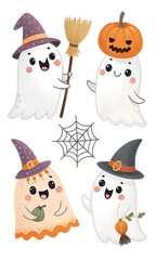 Set of cute various ghosts using Halloween accessories.