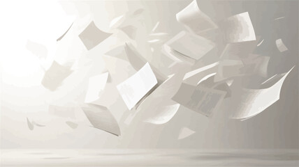 The image depicts numerous white pieces of paper seemingly floating in mid-air against a bright, almost uniformly lit background. The papers are irregularly shaped, some appearing crumpled or