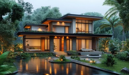 Fototapeta premium Modern Tropical Villa Surrounded by Lush Greenery with Evening Lights
