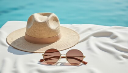 Summer Accessories on a Beach Towel by a Poolside with Sun Hat and Sunglasses