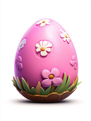 Decorated Easter Egg: A pink Easter egg adorned with colorful flowers, sitting atop a nest-like base amidst green and brown vegetation.