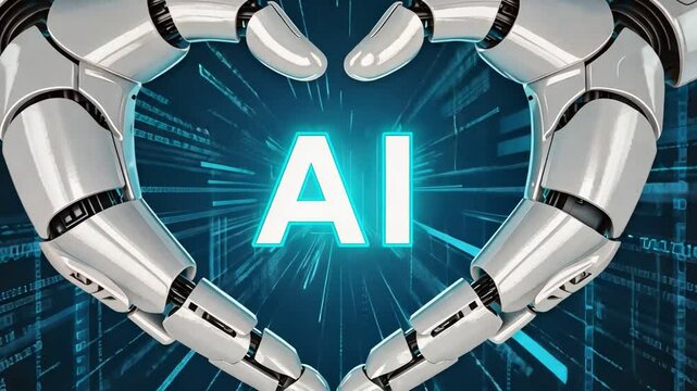AI and Robotic Hands: A close-up shot of robotic arms forming a heart shape around a glowing "AI" symbol, symbolizing the love for artificial intelligence.