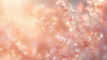 Naklejka premium Soft-focus image of delicate pink wildflowers bathed in warm, golden sunlight. A dreamy, ethereal scene.