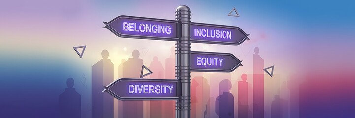 Obraz premium Diversity & Inclusion Signpost in a Scenic Natural Setting, diversity and inclusion, inclusion signpost, diversity awareness, workplace inclusion, equity and diversity, social equality, DEIB