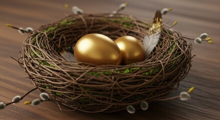 Obraz premium Golden eggs nestled in a spring nest.