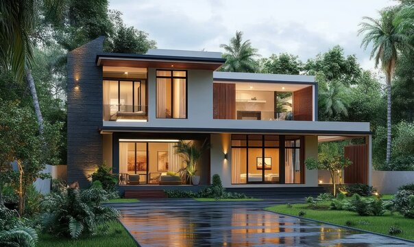 Luxury Modern Two-Story Contemporary House with Large Windows Surrounded by Tropical Landscape