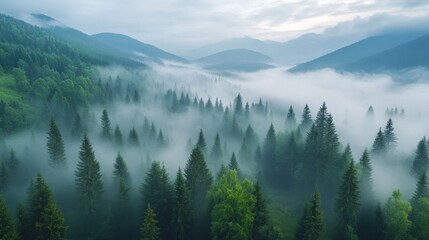 Obraz premium A misty forest and mountain landscape with a foggy morning sky.