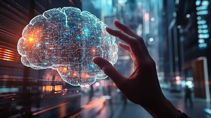 Futuristic hand reaching towards a glowing digital brain in a vibrant urban landscape at night - Powered by Adobe
