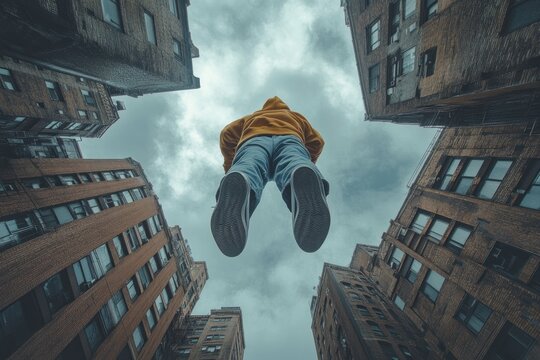 young man parkour jump urban buildings overcast sky dramatic clouds