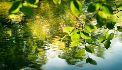 Naklejka premium Blurry reflections of tree leaves on water, with light dancing on soft ripples, creating a dreamy and tranquil atmosphere