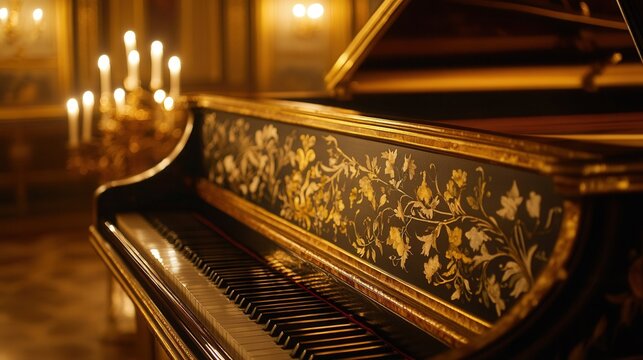 a grand harpsichord with intricate gold detailing and hand-painted floral patterns, set in an elegant Baroque-style room with soft candlelight.