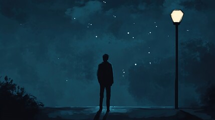 6 A lonely man looking at the night sky, remembering his lost love in deep sadness