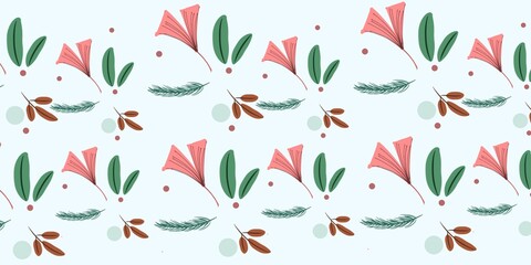 A seamless botanical pattern featuring delicate pink flowers, green leaves, and brown seed elements on a soft pastel background.