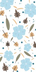 A seamless floral pattern featuring soft blue flowers, autumn leaves, and abstract botanical elements on a light background.