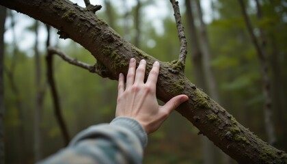 Fototapeta premium Hand Touching Mossy Tree Branch in Lush Green Forest with Soft Focus Background