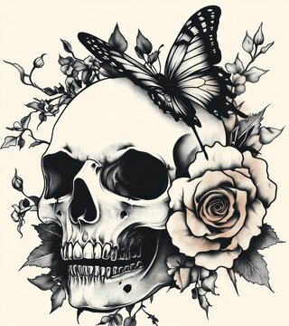 recommend clip art: Skull Tattoo Illustration with Roses and Butterfly Floral Design