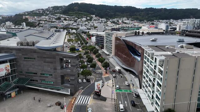 Wellington, New Zealand - 01 February 2025: Aerial view of te papa national museum and vibrant cityscape with modern architecture and busy streets, wellington, wellington, new zealand.