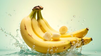 Bright yellow bananas fall into clear water