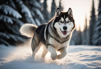 Naklejka premium alaskan malamute dog running in a frozen forest, in the snow