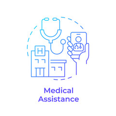 Medical assistance blue gradient concept icon. Access to healthcare. Travel management service. Round shape line illustration. Abstract idea. Graphic design. Easy to use in promotional material