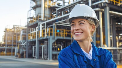 Close up portrait of happy female engineer at oil refinery in white hard hat