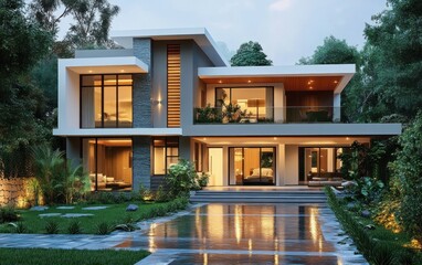 Fototapeta premium Luxury Modern Home with Minimalist Architecture and Lush Green Surroundings
